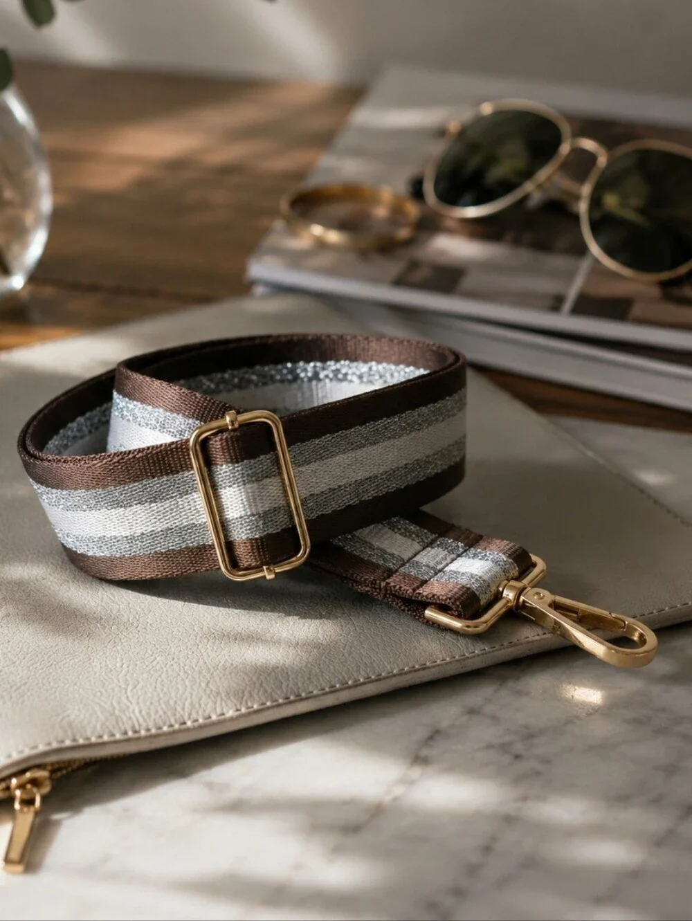 Brown Silver Stripe Bag Replacement Strap Golden‎ Hardware Adjustable Casual